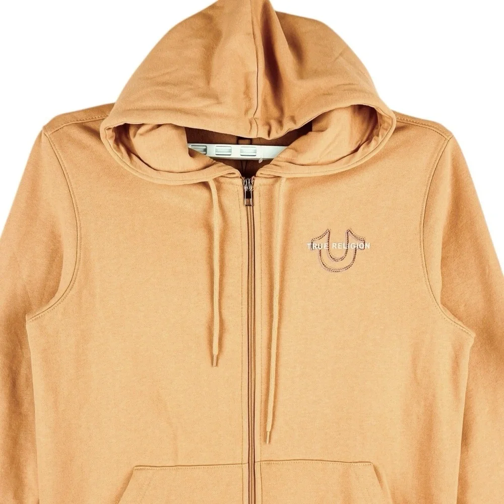 True Religion Mens Logo Back Fleece Zip Hoodie Sweatshirt Sz Medium Oak Buff NWT